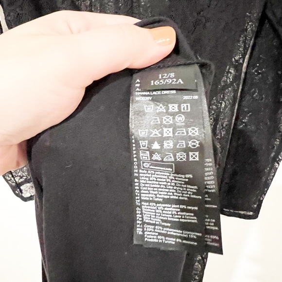 NWT All Saints Hanna Lace Black Asymmetrical Mock Neck Midi Dress Size US 8 - Picture 16 of 16